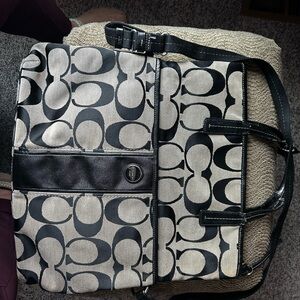 2013 Coach Signature Stripe Foldover Tote in silver and black